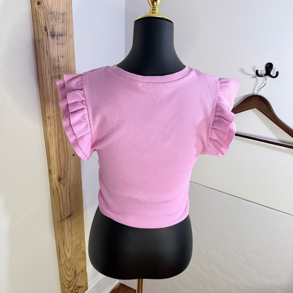 NWOT Zara Women's L Pink Ribbed Ruffle Sleeve Top Fitted Knit Shirt - Picture 3 of 9